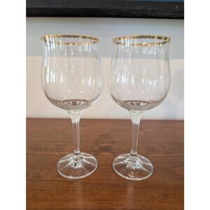 Set of 2 Bohemia Crystalex Geneve Water or Wine Goblets | Gold Rim | Crystal